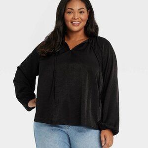 NWT Black Satin Boho Tie Front Peasant Blouse ~ Ava & Viv 3x